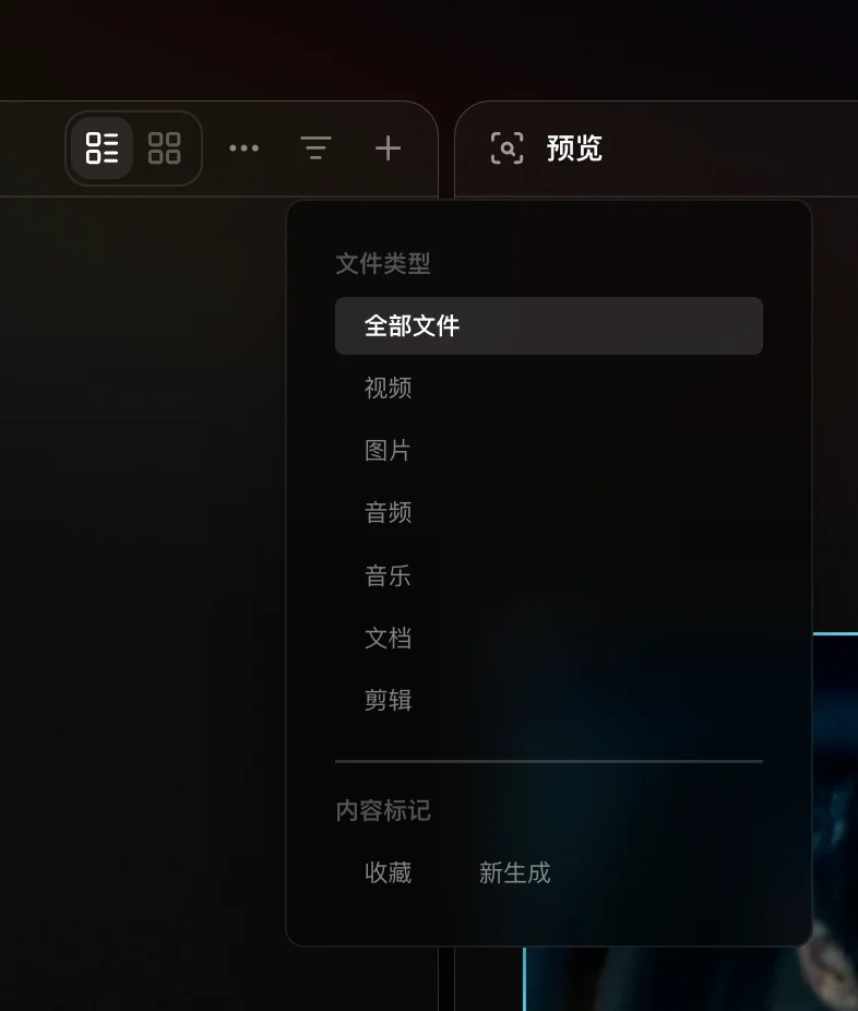 列表筛选菜单,包含文件类型和内容标记
